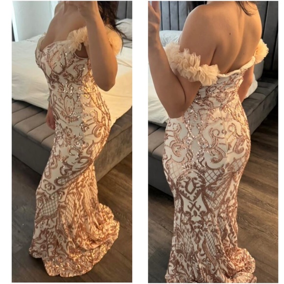 Luxe Sequin Mesh Off Shoulder Mermaid hem Formal prom Wedding Dress - Picture 6 of 7